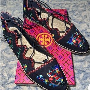 Tory Burch Black Embroidered Lace-Up Espadrilles with Multicolor Floral Accents